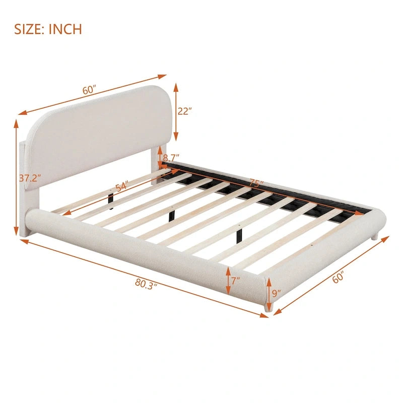 Lit plateforme rembourré pleine grandeur avec tissu épais, cadre solide et design élégant en forme de courbe, beige