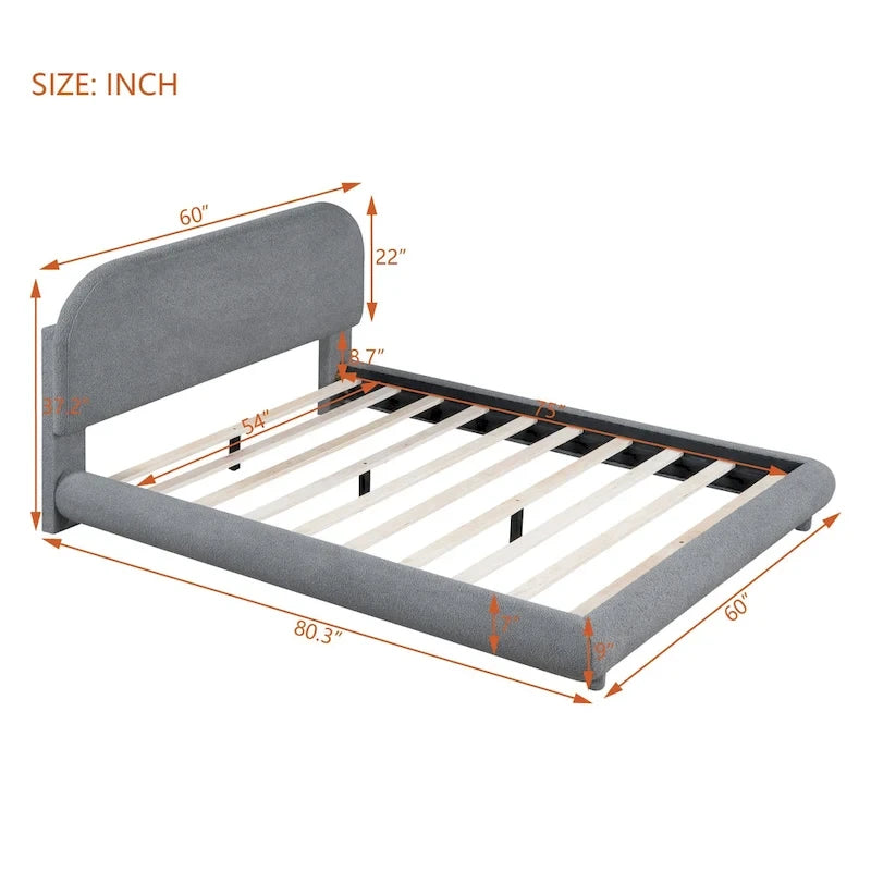 Lit plateforme rembourré pleine grandeur avec tissu épais, cadre solide et design élégant en forme de courbe, beige