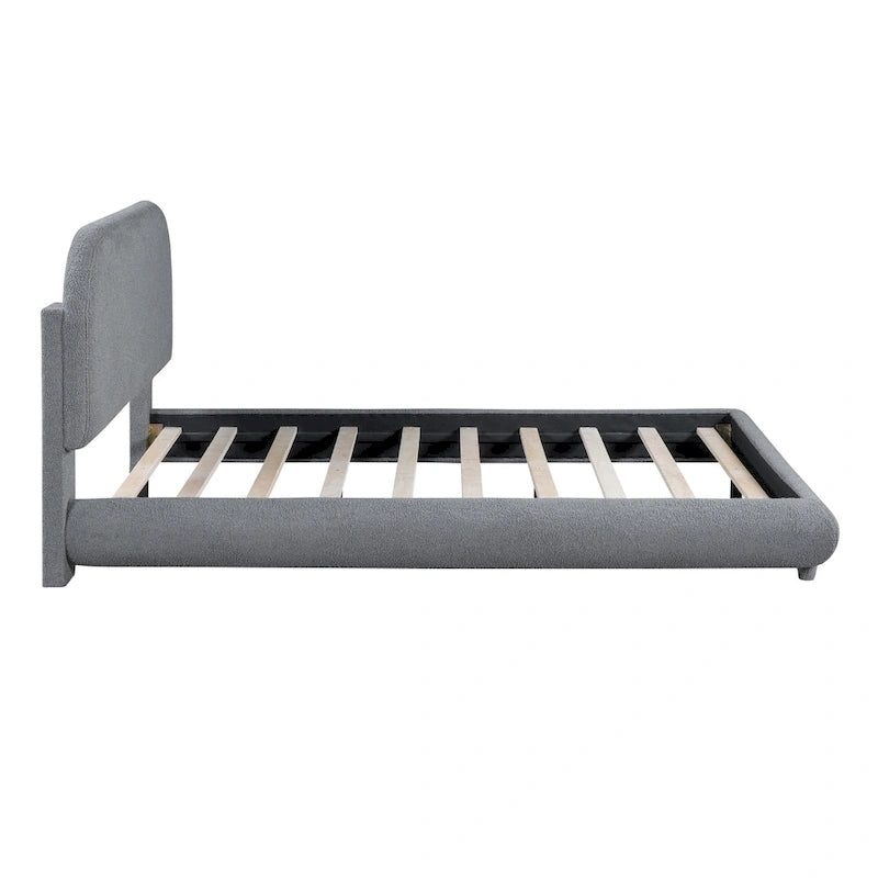 Lit plateforme rembourré pleine grandeur avec tissu épais, cadre solide et design élégant en forme de courbe, beige