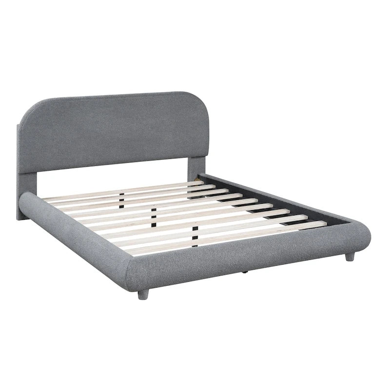 Lit plateforme rembourré pleine grandeur avec tissu épais, cadre solide et design élégant en forme de courbe, beige