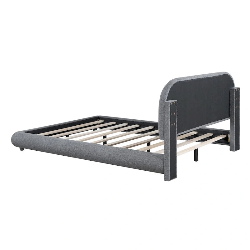 Lit plateforme rembourré pleine grandeur avec tissu épais, cadre solide et design élégant en forme de courbe, beige