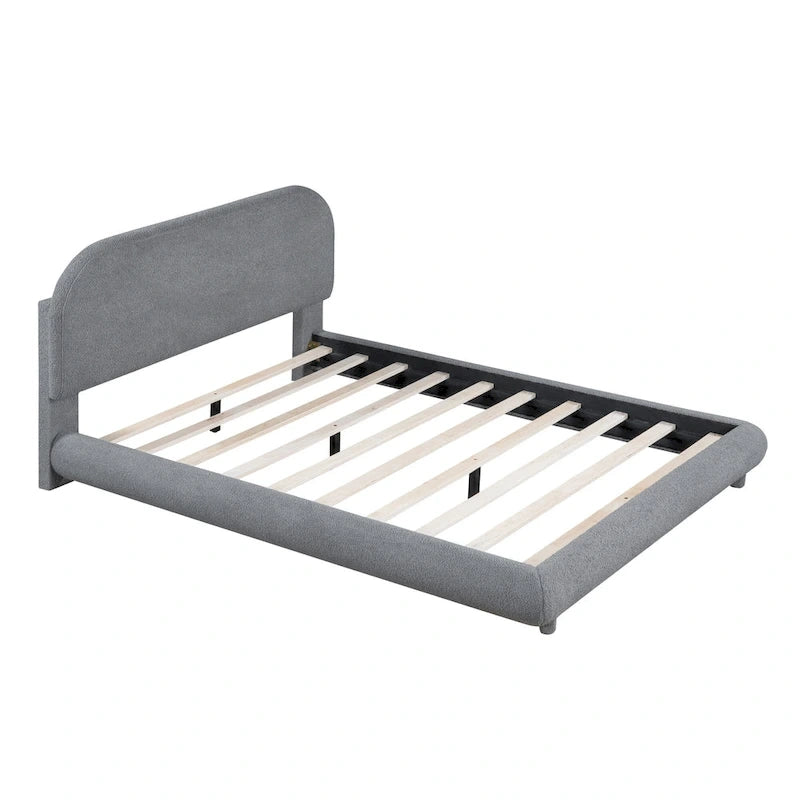 Lit plateforme rembourré pleine grandeur avec tissu épais, cadre solide et design élégant en forme de courbe, beige