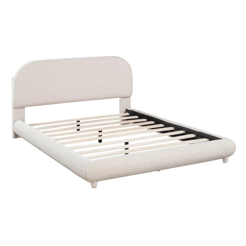 Lit plateforme rembourré pleine grandeur avec tissu épais, cadre solide et design élégant en forme de courbe, beige