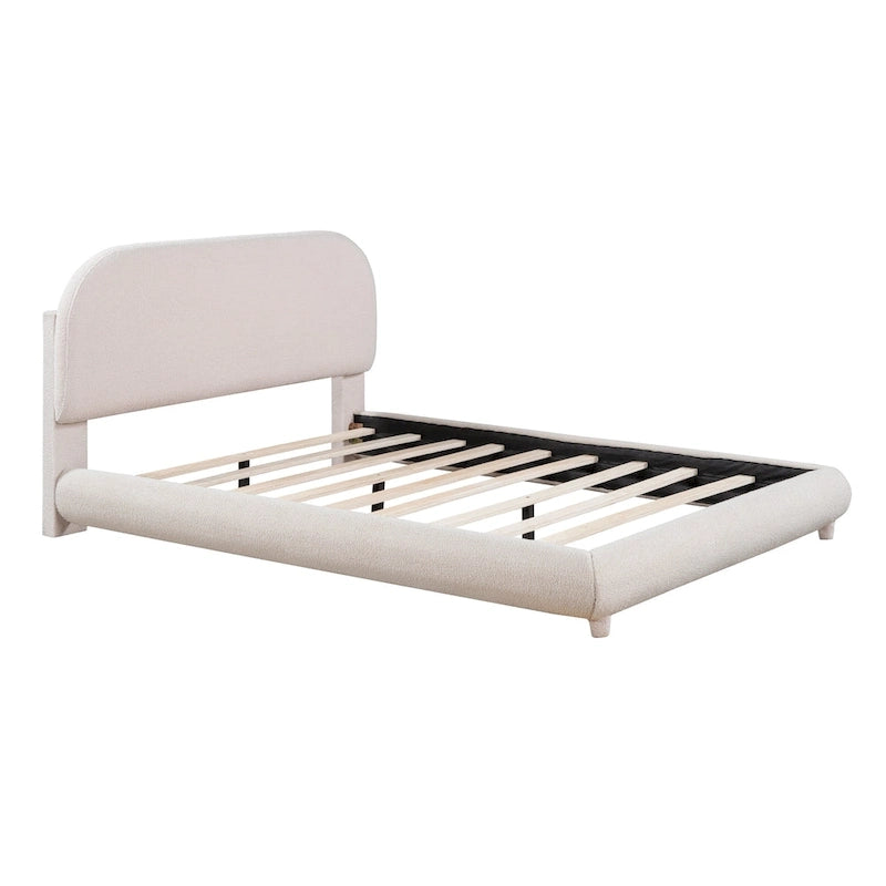 Lit plateforme rembourré pleine grandeur avec tissu épais, cadre solide et design élégant en forme de courbe, beige