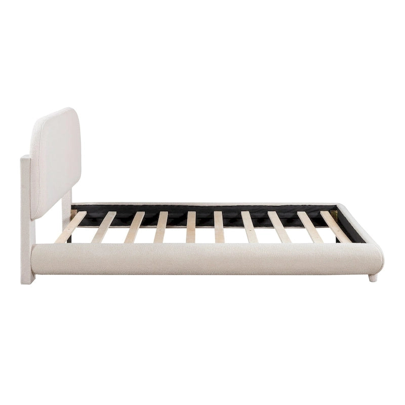 Lit plateforme rembourré pleine grandeur avec tissu épais, cadre solide et design élégant en forme de courbe, beige