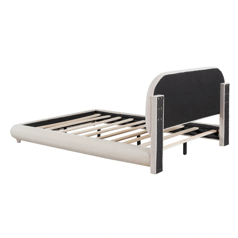 Lit plateforme rembourré pleine grandeur avec tissu épais, cadre solide et design élégant en forme de courbe, beige