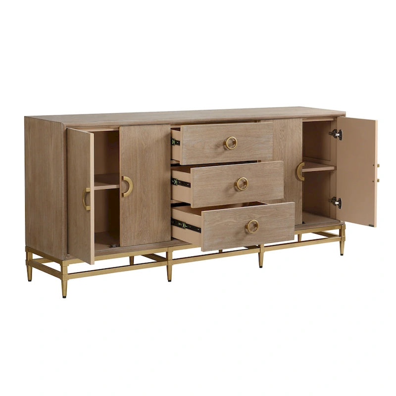 Buffet bas – Meuble quatre portes et trois tiroirs – Finition chêne vieilli