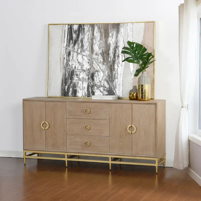 Buffet bas – Meuble quatre portes et trois tiroirs – Finition chêne vieilli