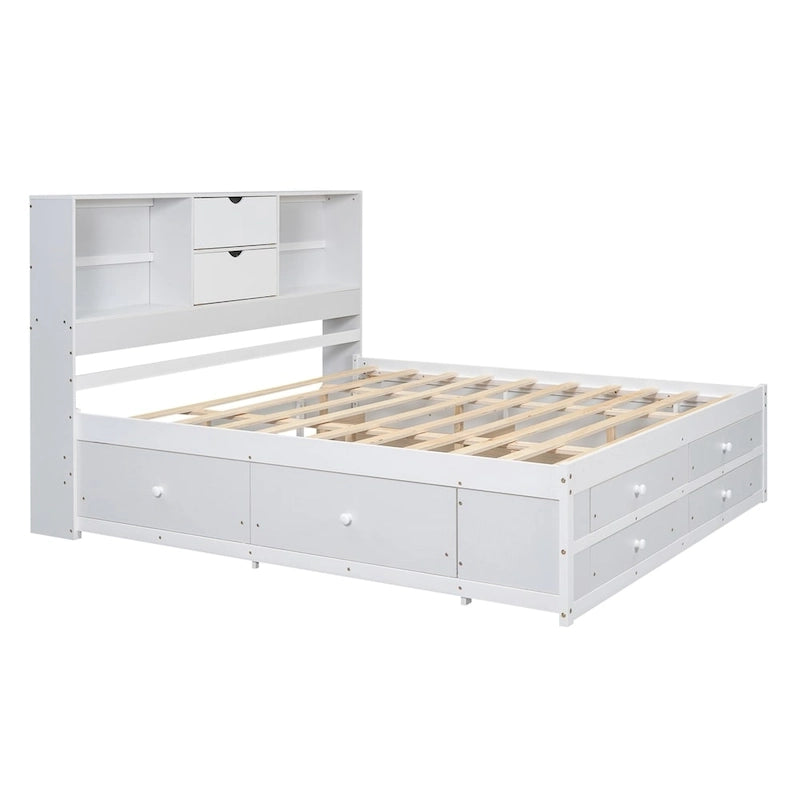 Lit plateforme double avec tête de lit de rangement et 8 tiroirs