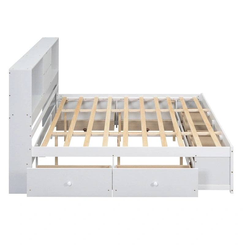 Lit plateforme double avec tête de lit de rangement et 8 tiroirs