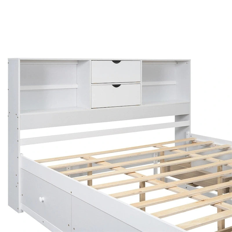 Lit plateforme double avec tête de lit de rangement et 8 tiroirs