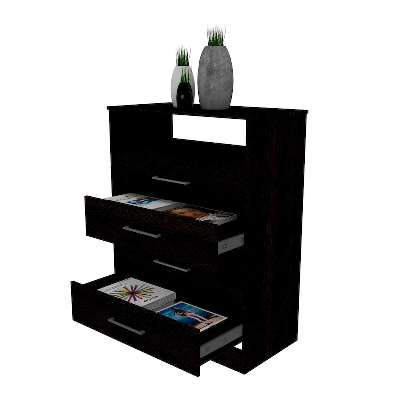 Commode continentale, plateau supérieur, quatre tiroirs, une étagère