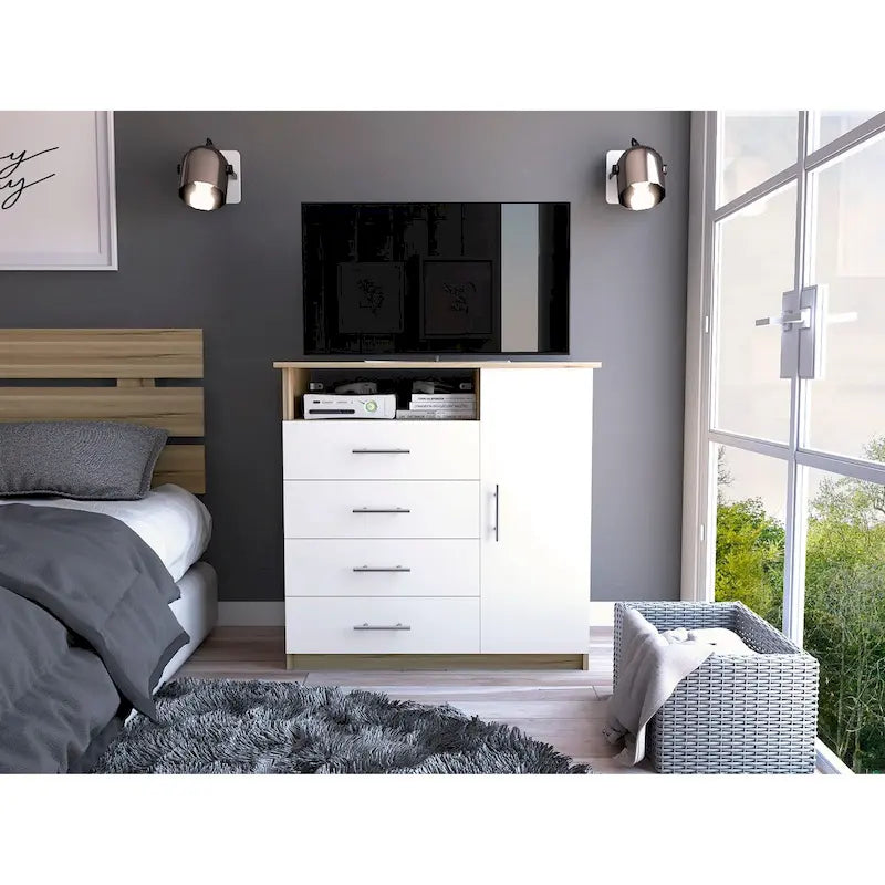 Commode à 4 tiroirs, Armoire à porte unique, Une étagère ouverte, Plateau supérieur de qualité supérieure