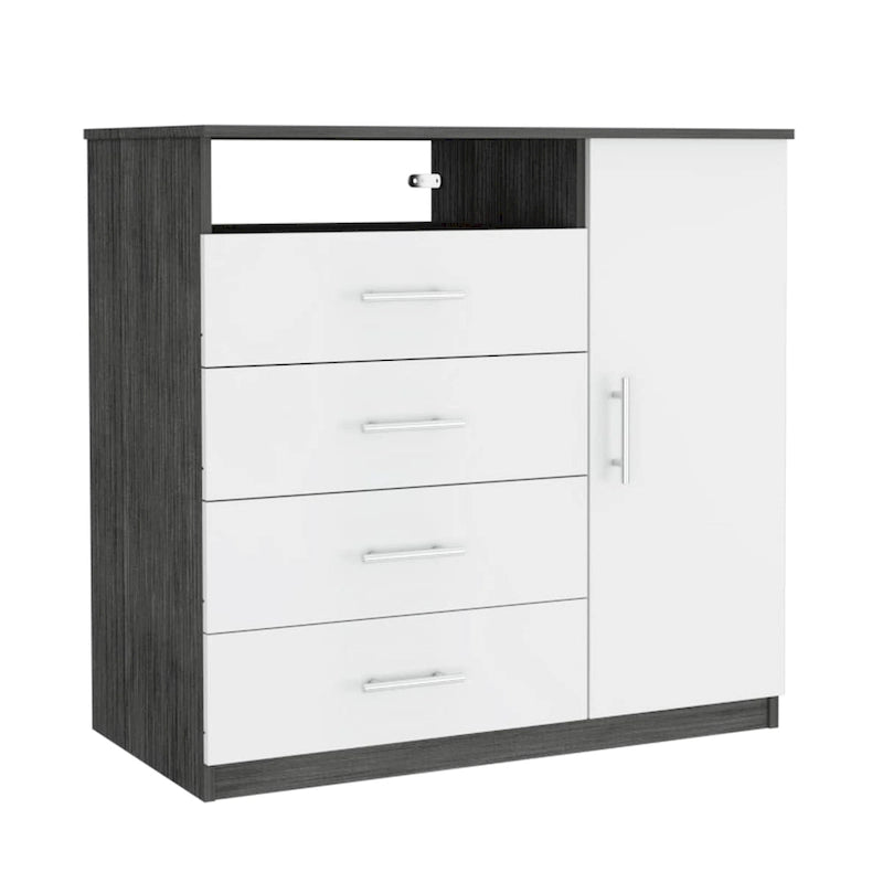 Commode à 4 tiroirs, Armoire à porte unique, Une étagère ouverte, Plateau supérieur de qualité supérieure