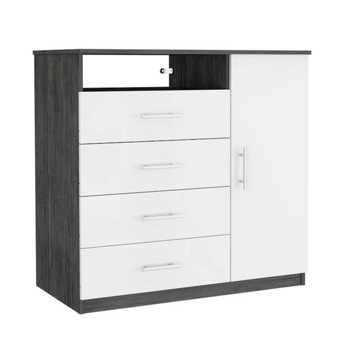 Commode à 4 tiroirs, Armoire à porte unique, Une étagère ouverte, Plateau supérieur de qualité supérieure