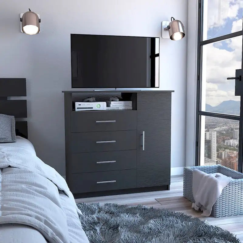 Commode à 4 tiroirs, Armoire à porte unique, Une étagère ouverte, Plateau supérieur de qualité supérieure