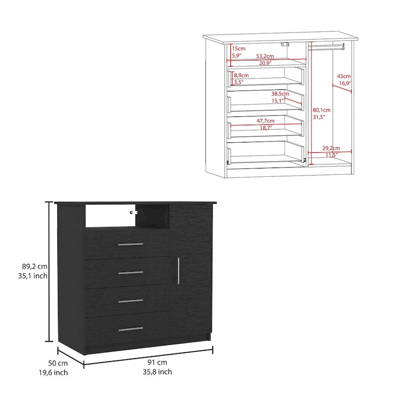 Commode à 4 tiroirs, Armoire à porte unique, Une étagère ouverte, Plateau supérieur de qualité supérieure