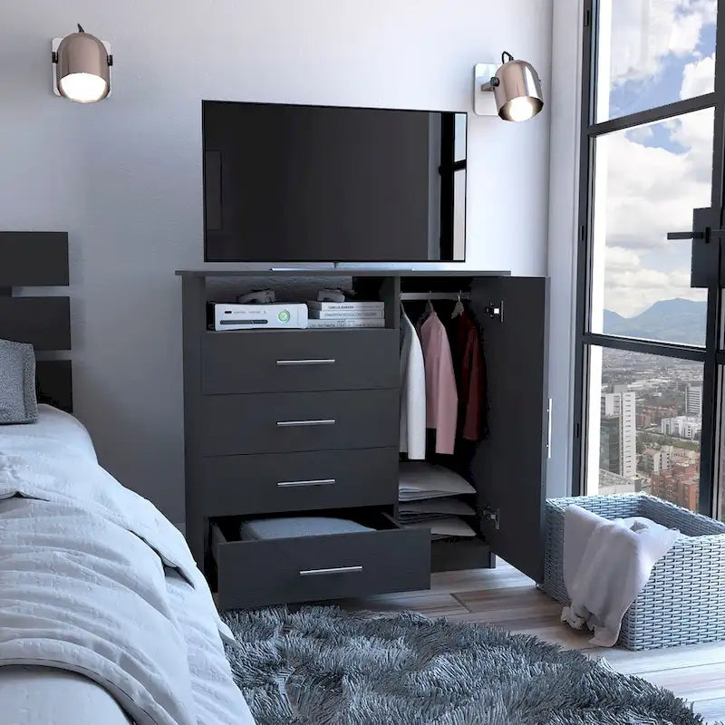 Commode à 4 tiroirs, Armoire à porte unique, Une étagère ouverte, Plateau supérieur de qualité supérieure