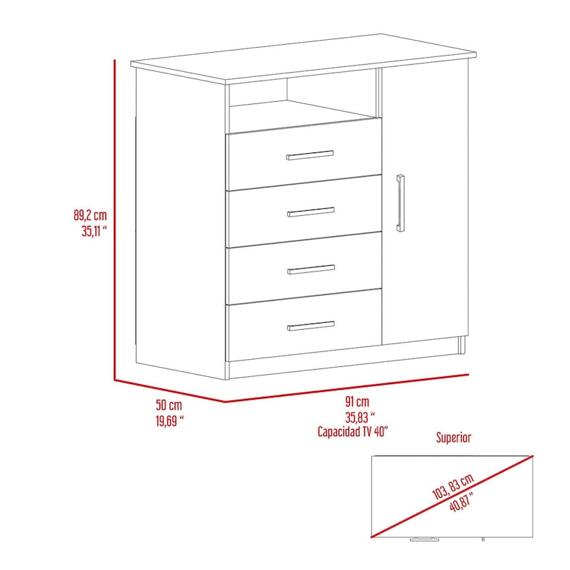 Commode à 4 tiroirs, Armoire à porte unique, Une étagère ouverte, Plateau supérieur de qualité supérieure