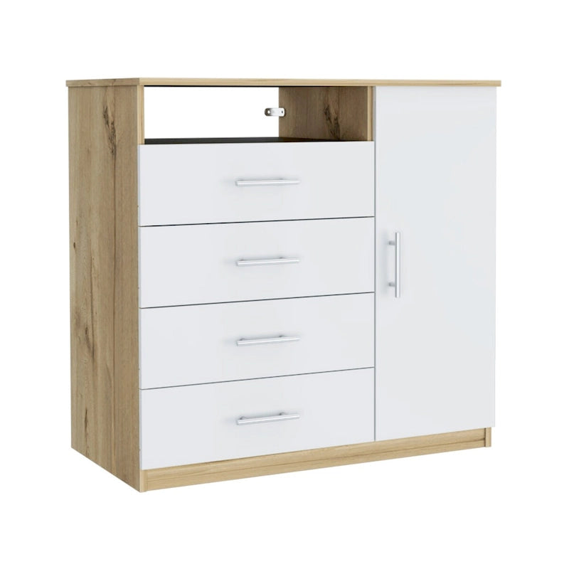 Commode à 4 tiroirs, Armoire à porte unique, Une étagère ouverte, Plateau supérieur de qualité supérieure