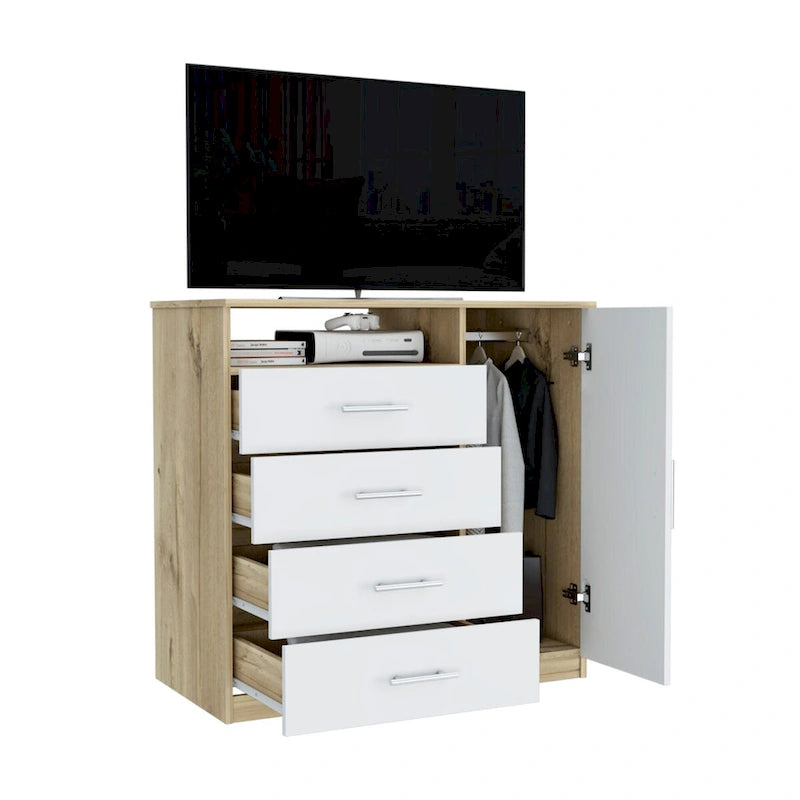 Commode à 4 tiroirs, Armoire à porte unique, Une étagère ouverte, Plateau supérieur de qualité supérieure