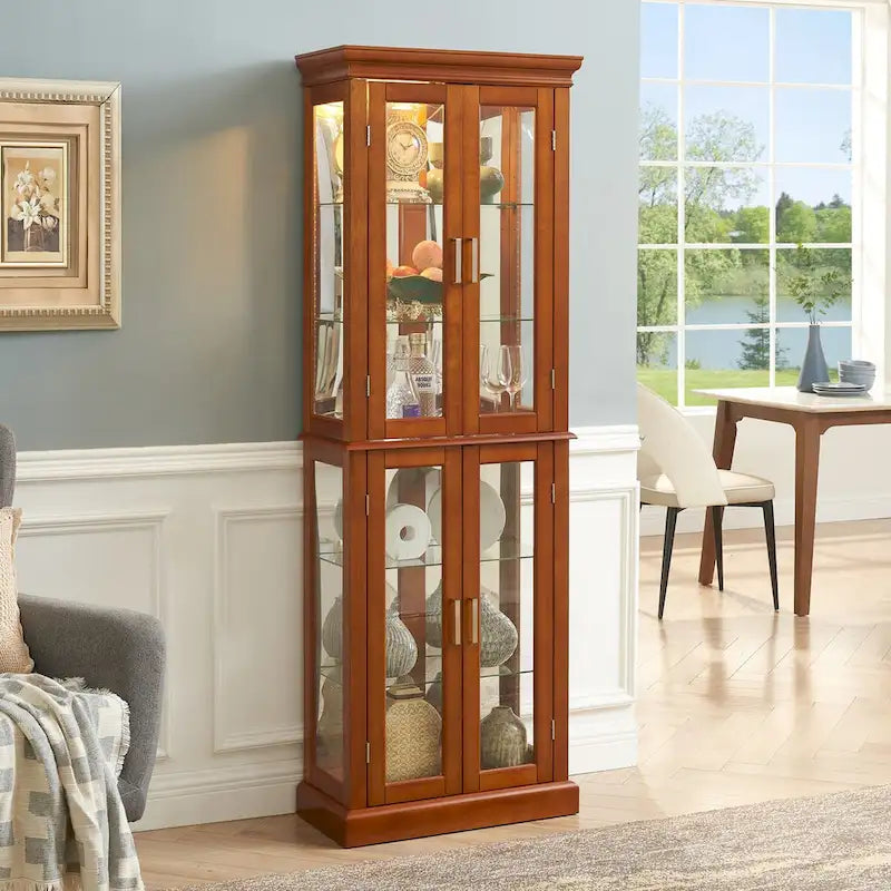 Vitrine Curio Éclairée avec Étagères Réglables, Portes en Verre Trempé (Ampoule E26 non incluse)