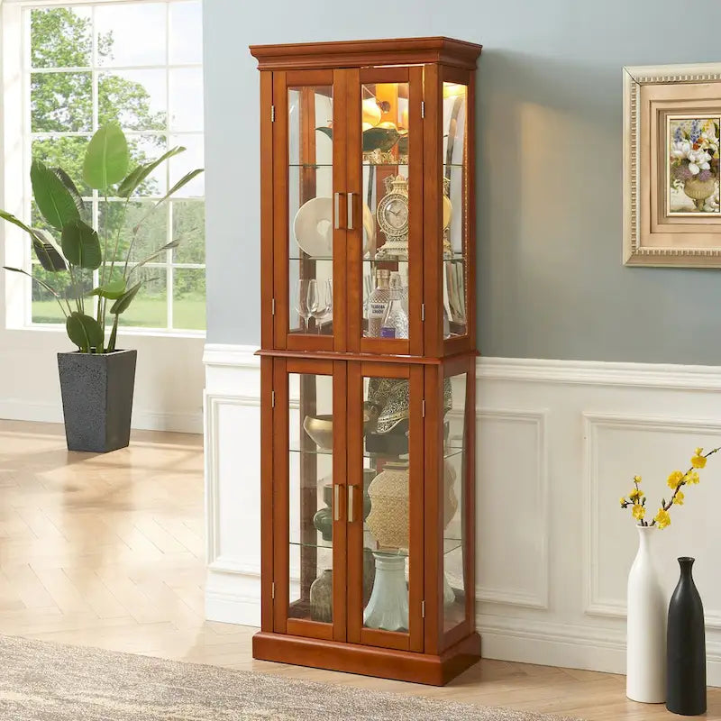 Vitrine Curio Éclairée avec Étagères Réglables, Portes en Verre Trempé (Ampoule E26 non incluse)