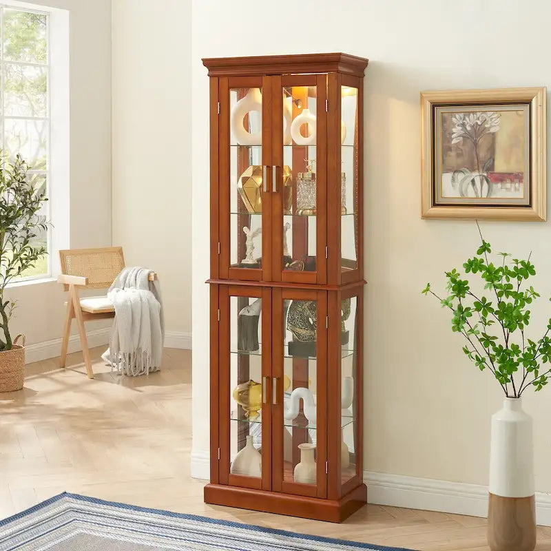 Vitrine Curio Éclairée avec Étagères Réglables, Portes en Verre Trempé (Ampoule E26 non incluse)