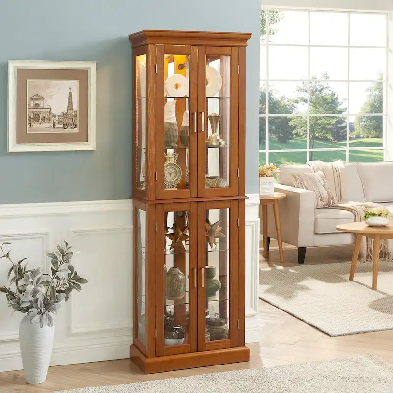 Vitrine Curio Éclairée avec Étagères Réglables, Portes en Verre Trempé (Ampoule E26 non incluse)