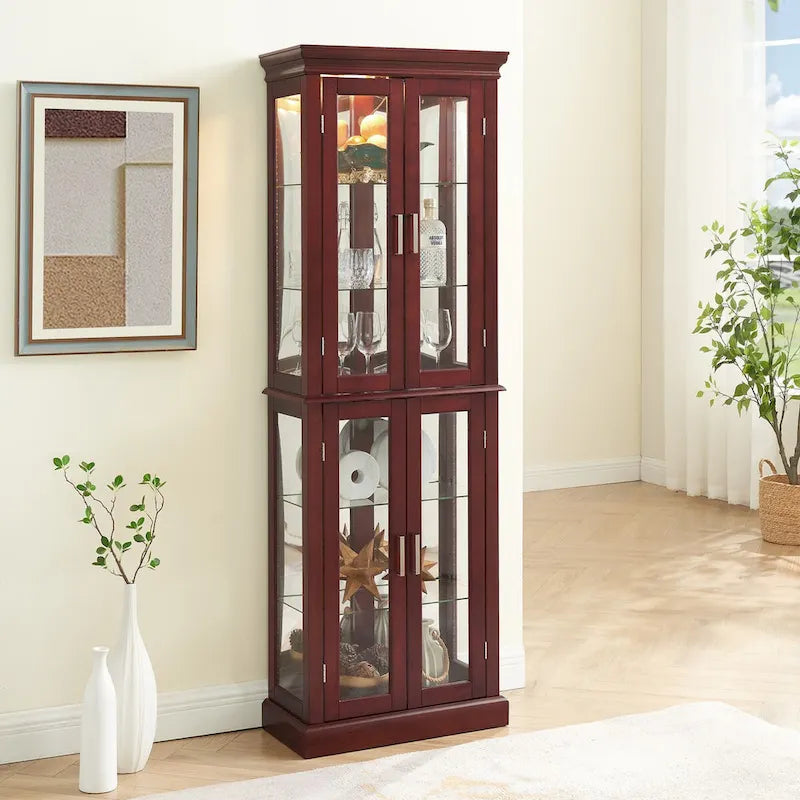 Vitrine Curio Éclairée avec Étagères Réglables, Portes en Verre Trempé (Ampoule E26 non incluse)