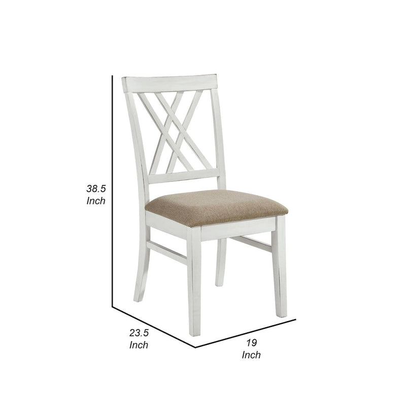 Lot de 2 chaises de salle à manger, hauteur d'assise 48 cm, dossier en croix, assise kaki, blanc style ferme