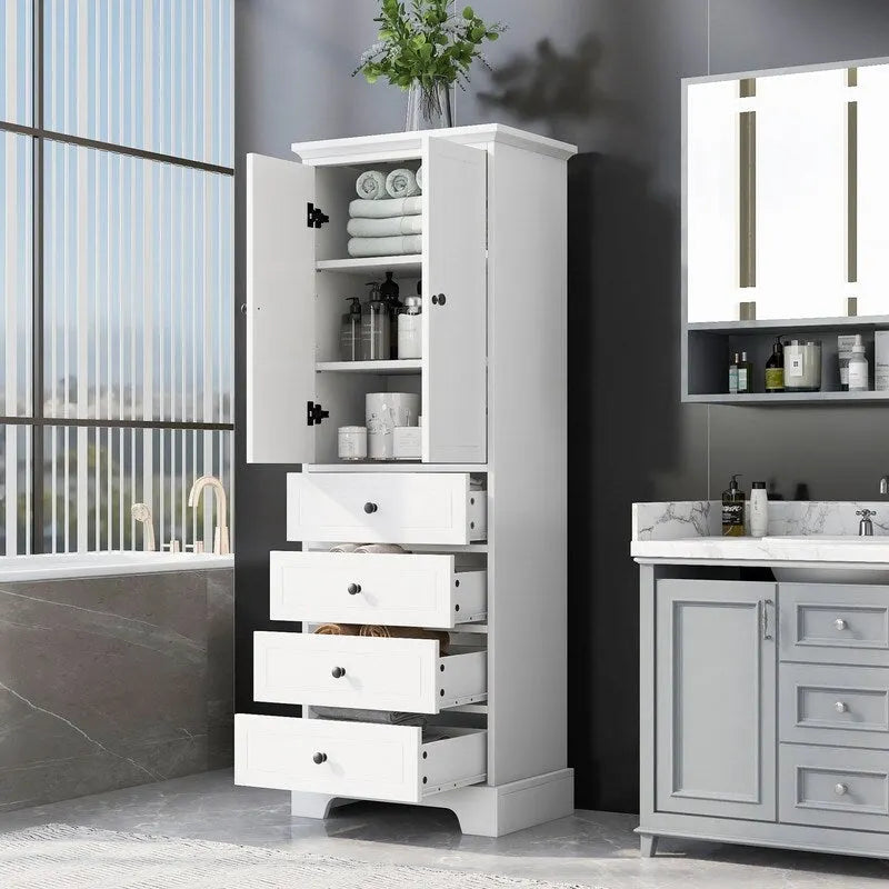 Meuble de rangement de salle de bain avec 2 portes et 4 tiroirs, étagère réglable
