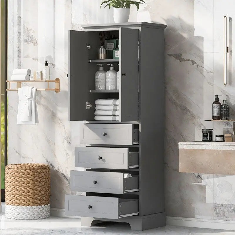 Bathroom Storage Cabinet with 2 Doors and 4 Drawers,Adjustable Shelf