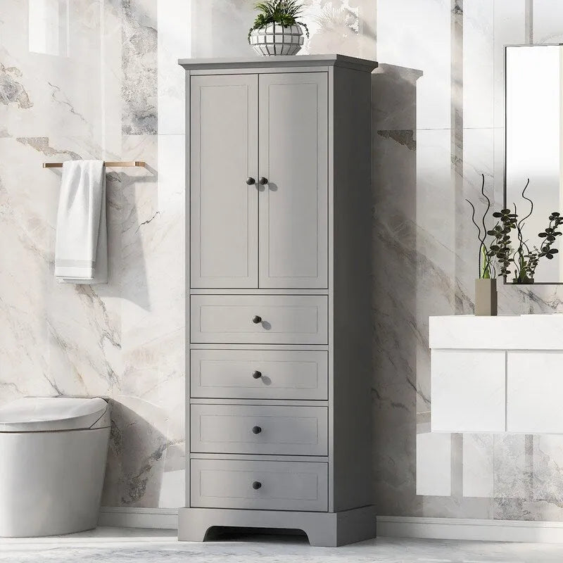 Meuble de rangement de salle de bain avec 2 portes et 4 tiroirs, étagère réglable