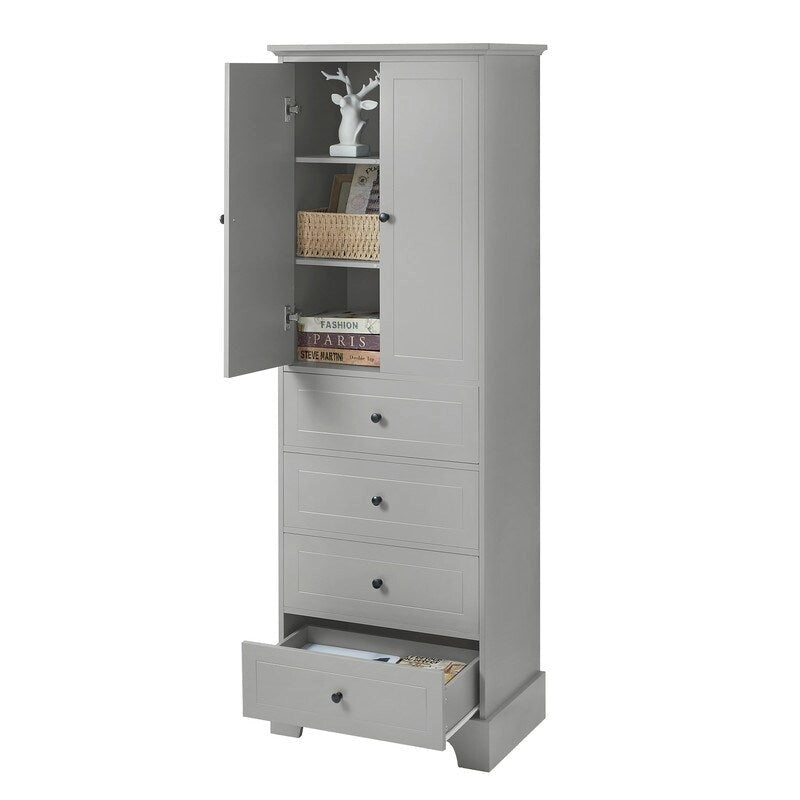 Meuble de rangement de salle de bain avec 2 portes et 4 tiroirs, étagère réglable