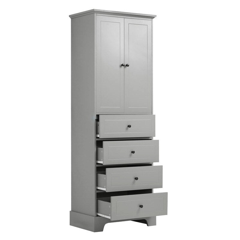 Meuble de rangement de salle de bain avec 2 portes et 4 tiroirs, étagère réglable