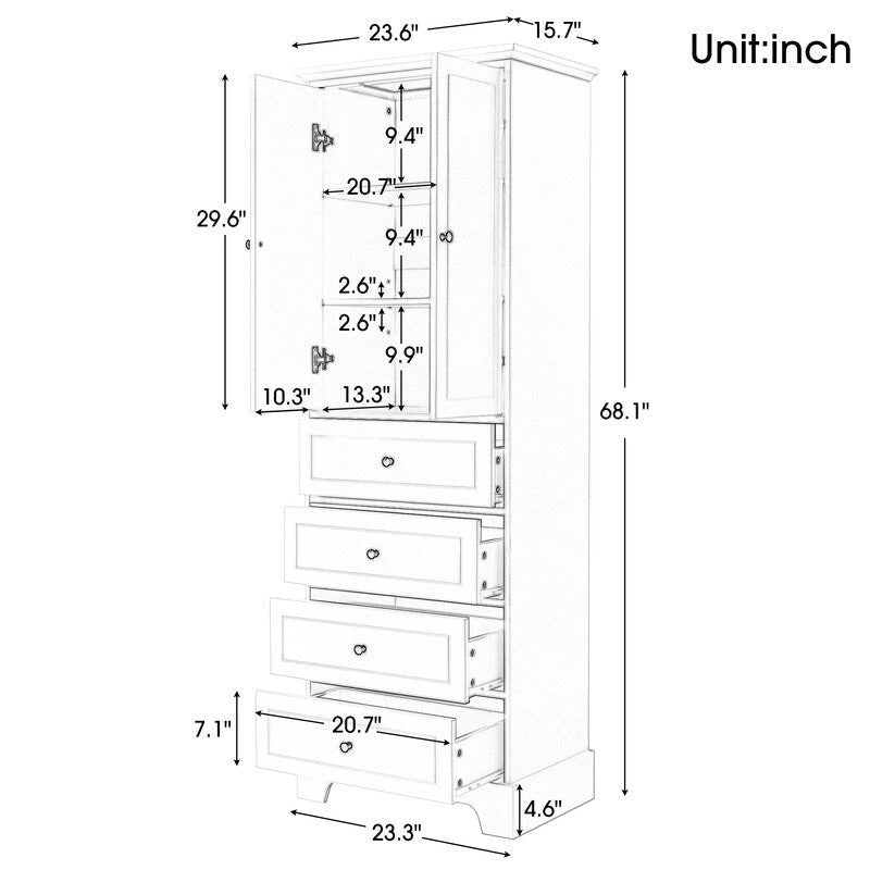 Meuble de rangement de salle de bain avec 2 portes et 4 tiroirs, étagère réglable