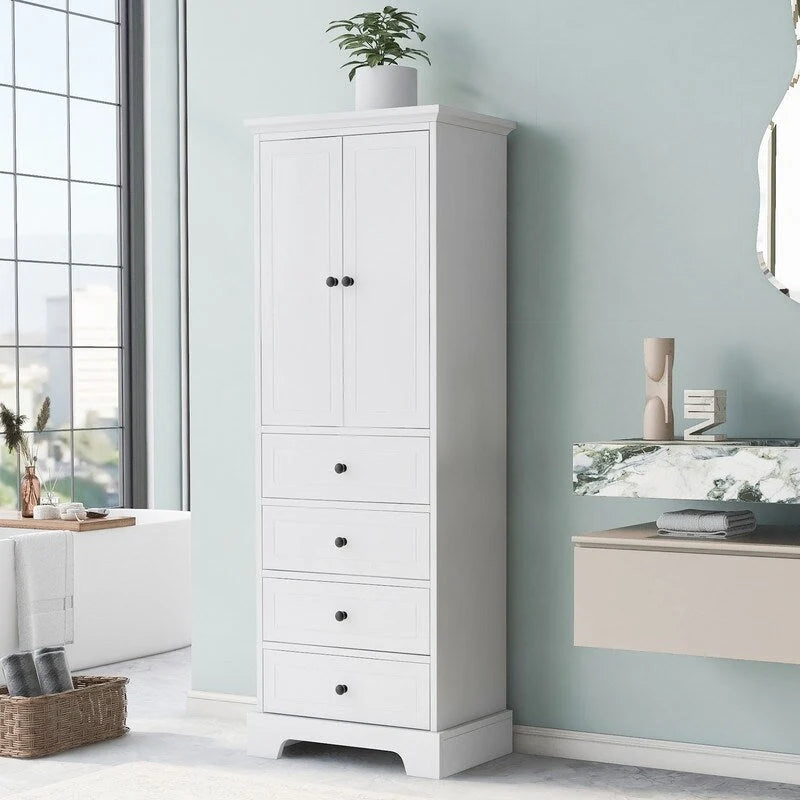 Meuble de rangement de salle de bain avec 2 portes et 4 tiroirs, étagère réglable