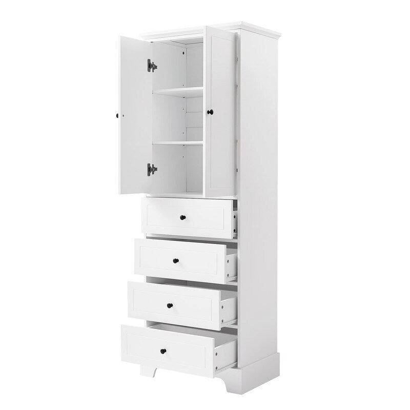 Meuble de rangement de salle de bain avec 2 portes et 4 tiroirs, étagère réglable