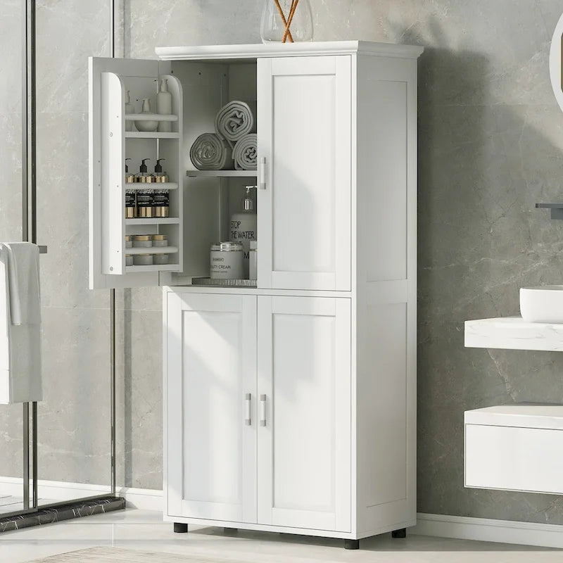 Meuble de rangement haut et large pour salle de bain, Unité de rangement pour salle de bain, Meuble sur pied avec 4 portes, Étagères réglables