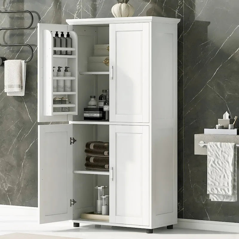 Meuble de rangement haut et large pour salle de bain, Unité de rangement pour salle de bain, Meuble sur pied avec 4 portes, Étagères réglables