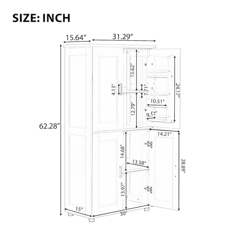 Meuble de rangement haut et large pour salle de bain, Unité de rangement pour salle de bain, Meuble sur pied avec 4 portes, Étagères réglables