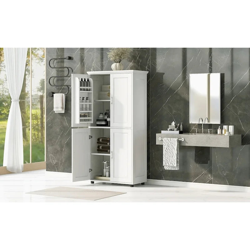 Meuble de rangement haut et large pour salle de bain, Unité de rangement pour salle de bain, Meuble sur pied avec 4 portes, Étagères réglables