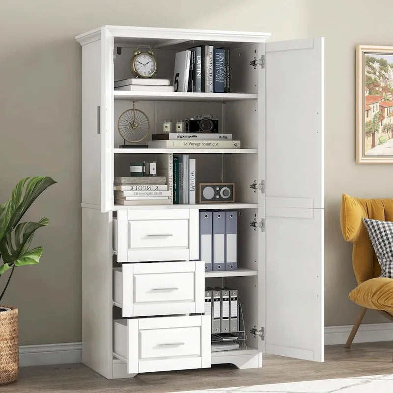 Meuble de rangement haut et large avec portes et trois tiroirs