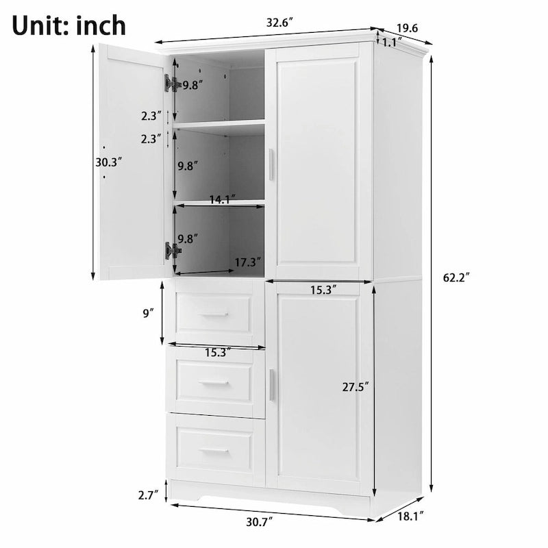 Meuble de rangement haut et large avec portes et trois tiroirs