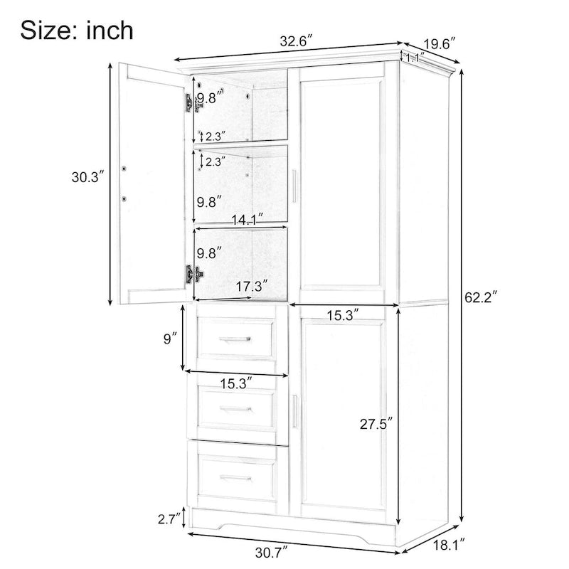 Meuble de rangement haut et large avec portes et trois tiroirs
