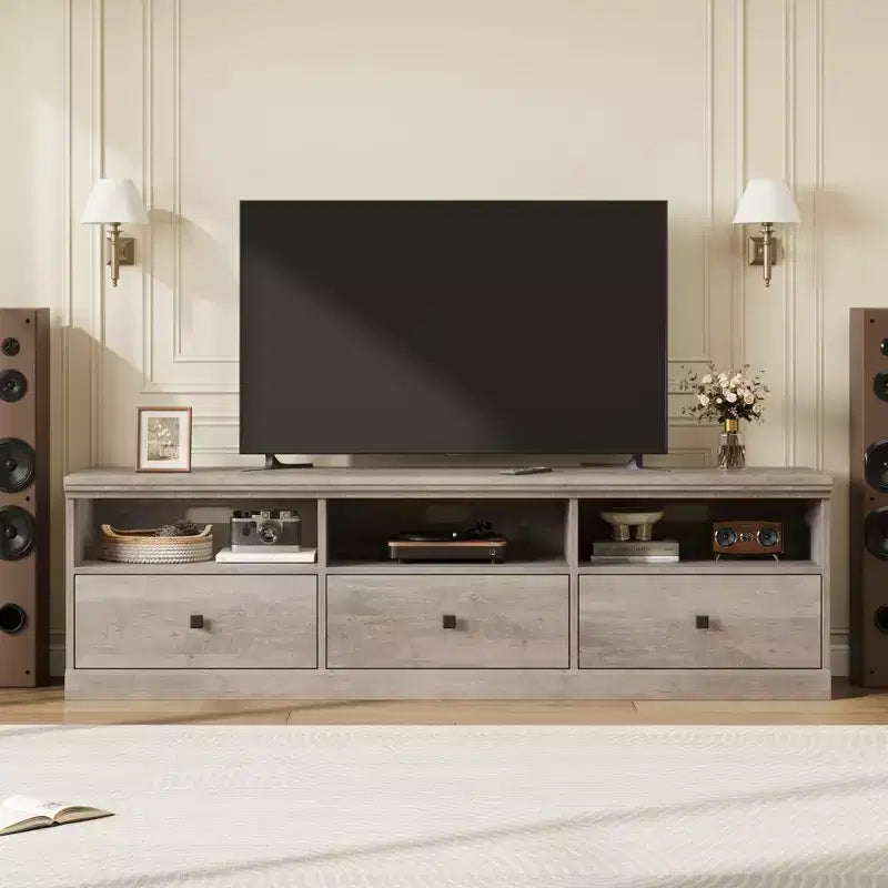 Meuble TV Mid-Century Modern de 178 cm avec tiroir de rangement et étagères ouvertes